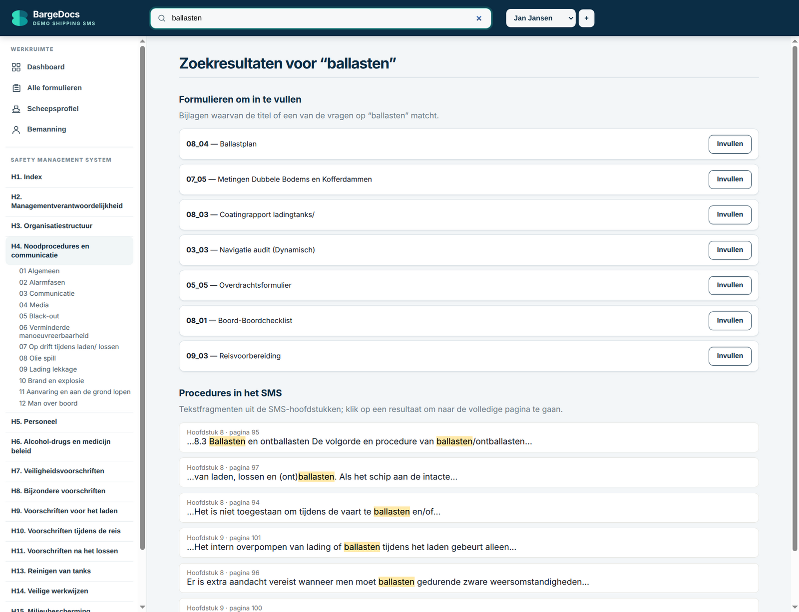 BargeDocs: search results in the Safety Management System, with chapter and page references